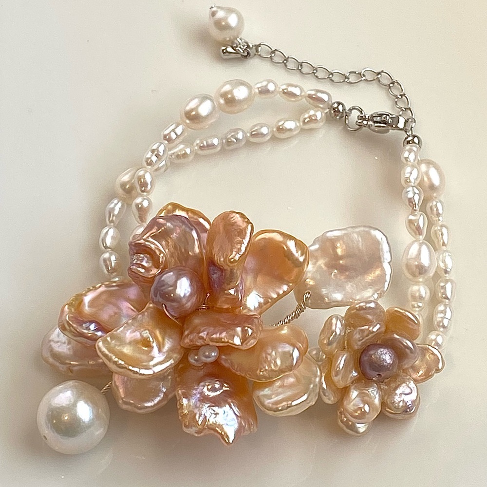 B126-Handmade Double Layer Double Flower Petal Pearl Braided Bracelet